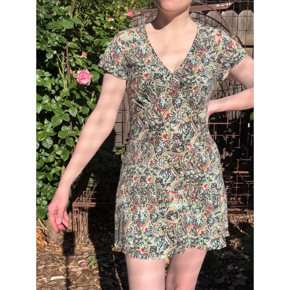 Sahalie Cap Sleeve Fit and Flare Teal Paisley A Line Mini Dress Sz Small Boho